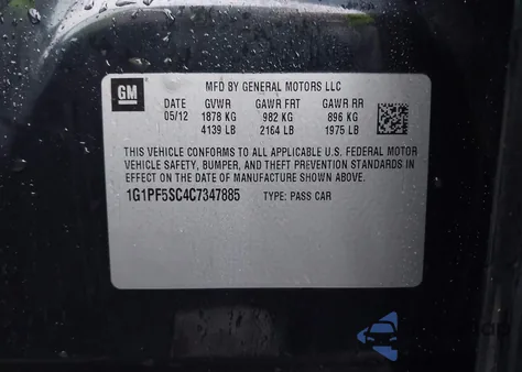 2012 Chevrolet Cruze 1Lt from USA, damaged, VIN 1G1PF5SC4C7347885